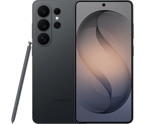 Galaxy S26 Ultra שחור – מבט חזיתי ואחורי עם עט S Pen